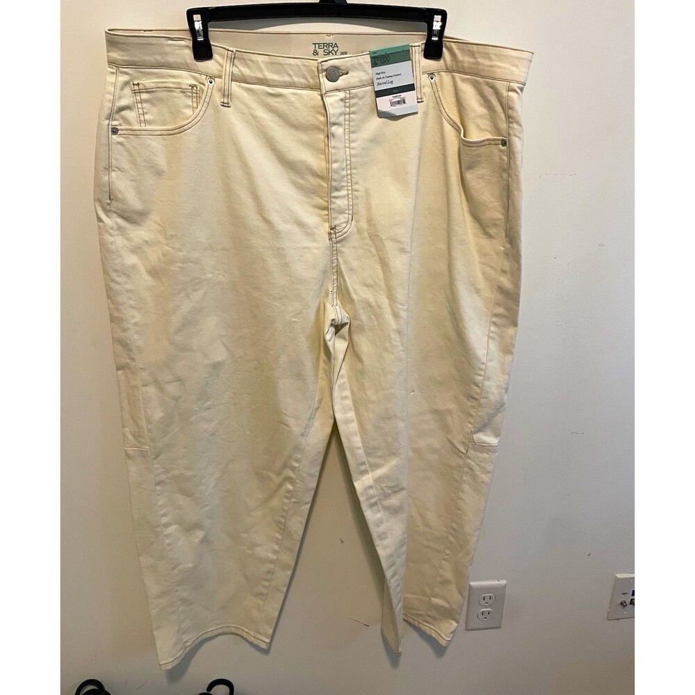 Terra & Sky Women’s Barrel Leg Jeans Beige High Rise Tummy Control 24W